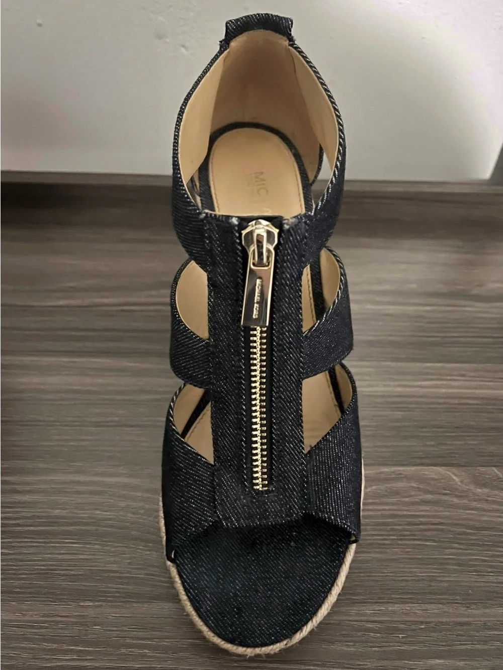 Michael Kors Blue/Denim Color Espadrille Wedge Sandals with Front Zip Accent